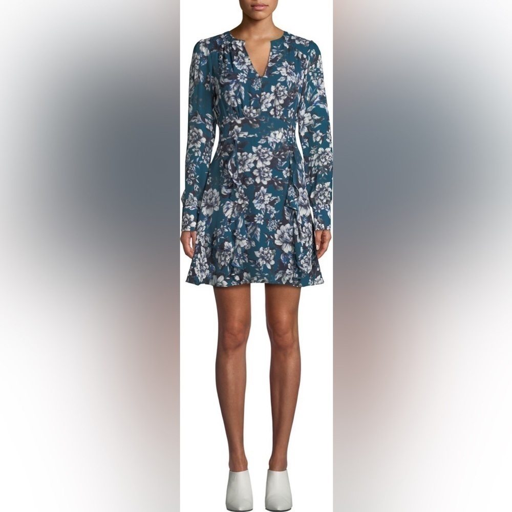 Parker Everglades Gardens Teal Floral Longsleeve Mini Flowy Dress Medium